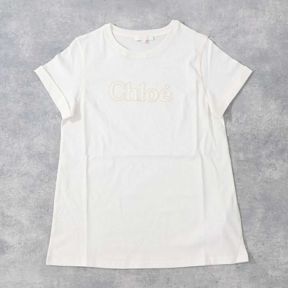 クロエ Chloe トップス Tシャツ・カットソー レディース ホワイト コットン ロゴ 刺繍 クルーネック キッズモデル カットソー 半袖 C20110 117