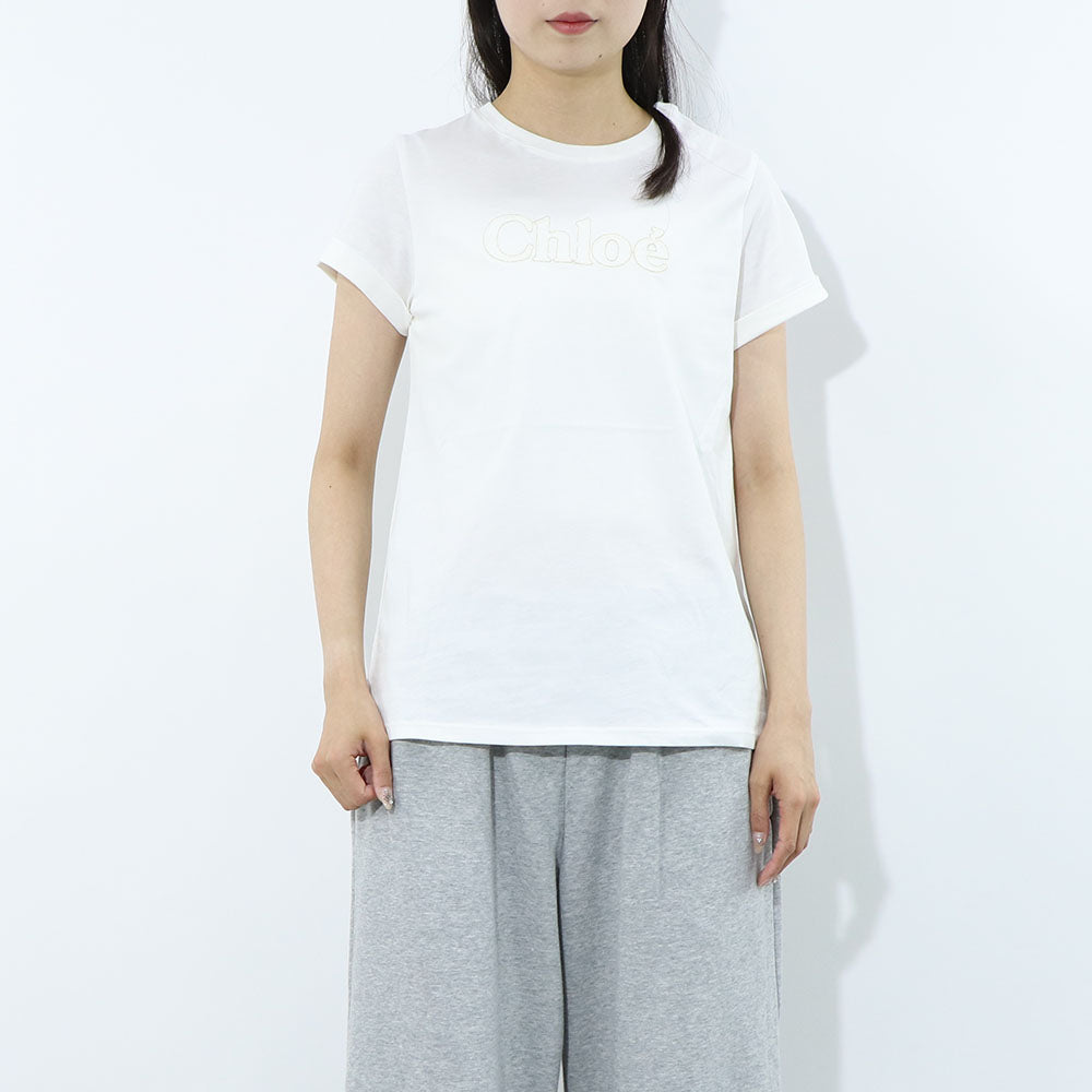 クロエ Chloe トップス Tシャツ・カットソー レディース ホワイト コットン ロゴ 刺繍 クルーネック キッズモデル カットソー 半袖 C20110 117