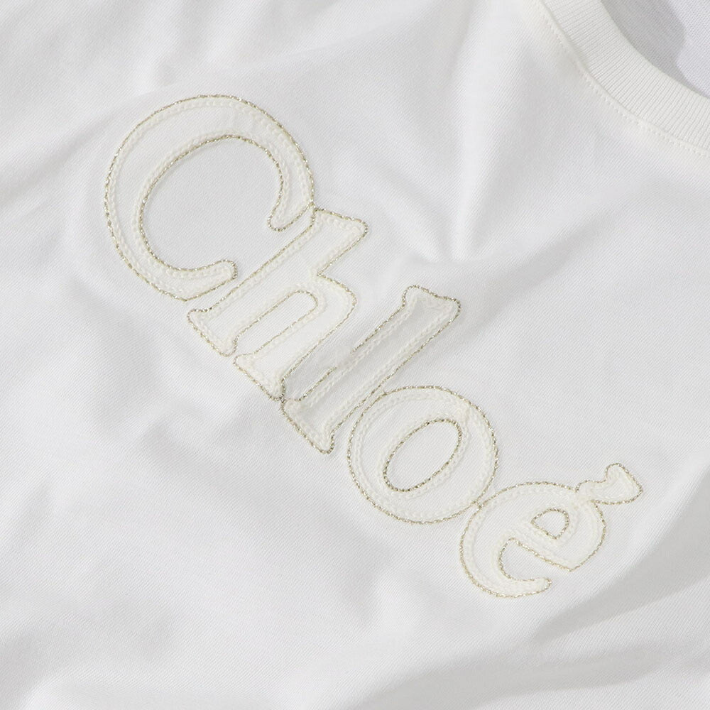 クロエ Chloe トップス Tシャツ・カットソー レディース ホワイト コットン ロゴ 刺繍 クルーネック キッズモデル カットソー 半袖 C20110 117
