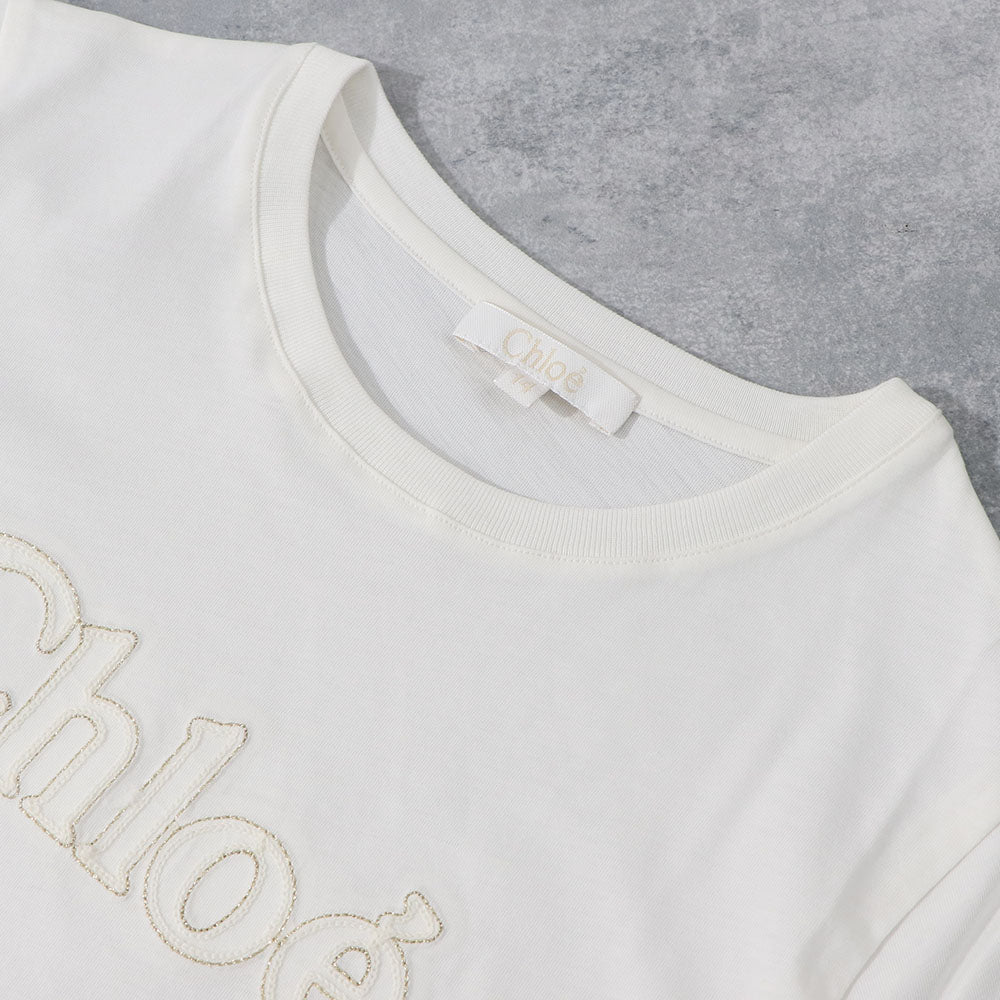 クロエ Chloe トップス Tシャツ・カットソー レディース ホワイト コットン ロゴ 刺繍 クルーネック キッズモデル カットソー 半袖 C20110 117