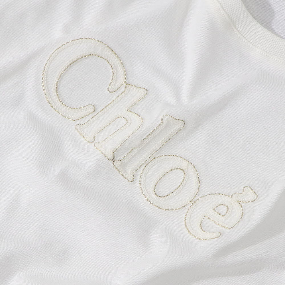 クロエ Chloe トップス Tシャツ・カットソー レディース ホワイト コットン ロゴ 刺繍 クルーネック キッズモデル カットソー 半袖 C20110 117