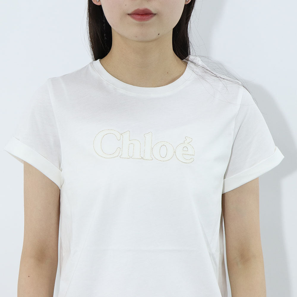 クロエ Chloe トップス Tシャツ・カットソー レディース ホワイト コットン ロゴ 刺繍 クルーネック キッズモデル カットソー 半袖 C20110 117