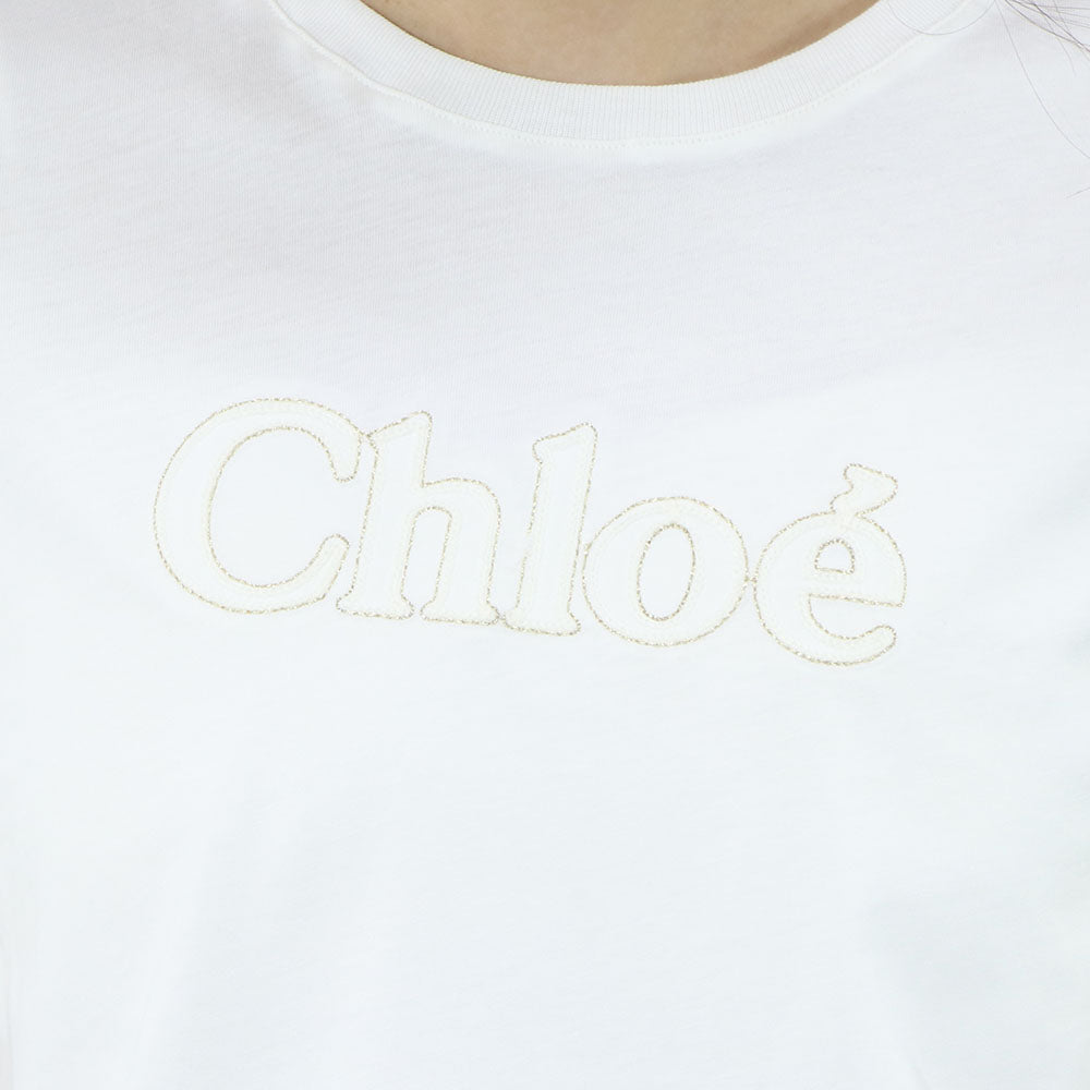 クロエ Chloe トップス Tシャツ・カットソー レディース ホワイト コットン ロゴ 刺繍 クルーネック キッズモデル カットソー 半袖 C20110 117
