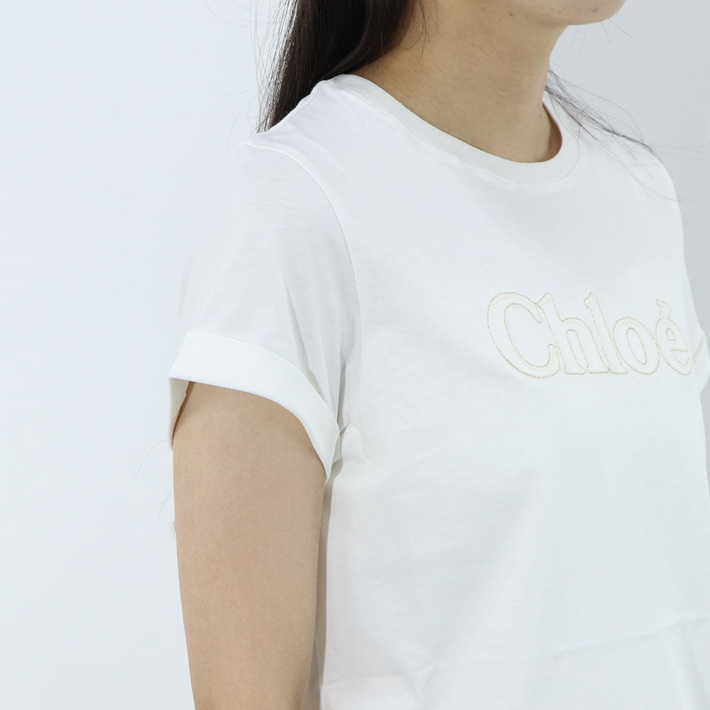 クロエ Chloe トップス Tシャツ・カットソー レディース ホワイト コットン ロゴ 刺繍 クルーネック キッズモデル カットソー 半袖 C20110 117