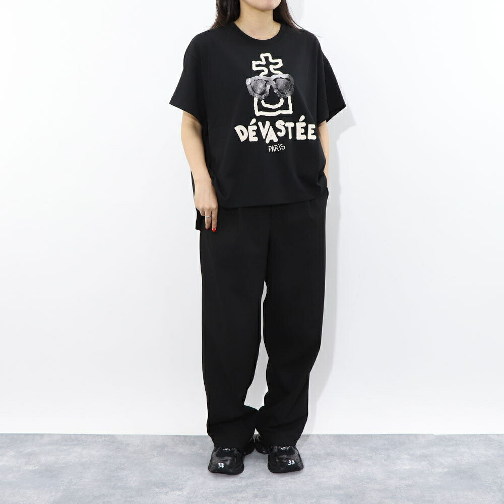 デヴァステ DEVASTEE トップス Tシャツ・カットソー レディース ブラック グレー ホワイト コットン ポリエステル スパン プリント キャラクター ロゴ ヘムトップス アシメトップス 半袖 R3FWTP013