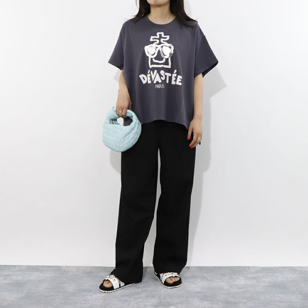 デヴァステ DEVASTEE トップス Tシャツ・カットソー レディース ブラック グレー ホワイト コットン ポリエステル スパン プリント キャラクター ロゴ ヘムトップス アシメトップス 半袖 R3FWTP013