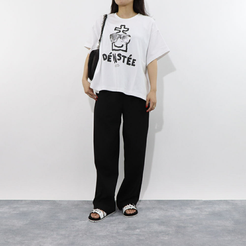 デヴァステ DEVASTEE トップス Tシャツ・カットソー レディース ブラック グレー ホワイト コットン ポリエステル スパン プリント キャラクター ロゴ ヘムトップス アシメトップス 半袖 R3FWTP013