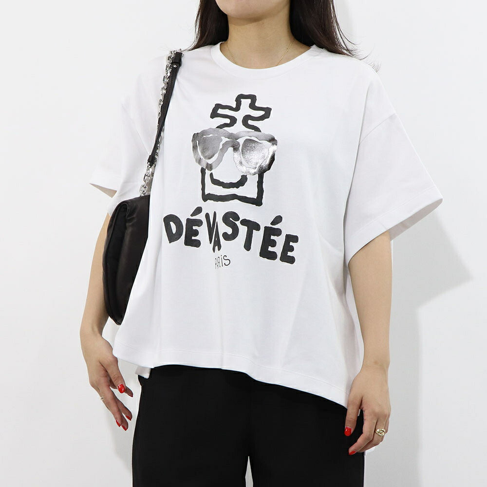 デヴァステ DEVASTEE トップス Tシャツ・カットソー レディース ブラック グレー ホワイト コットン ポリエステル スパン プリント キャラクター ロゴ ヘムトップス アシメトップス 半袖 R3FWTP013