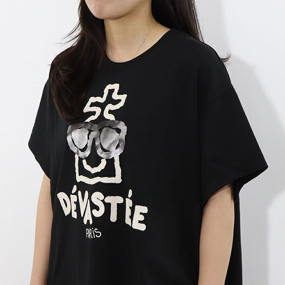 デヴァステ DEVASTEE トップス Tシャツ・カットソー レディース ブラック グレー ホワイト コットン ポリエステル スパン プリント キャラクター ロゴ ヘムトップス アシメトップス 半袖 R3FWTP013