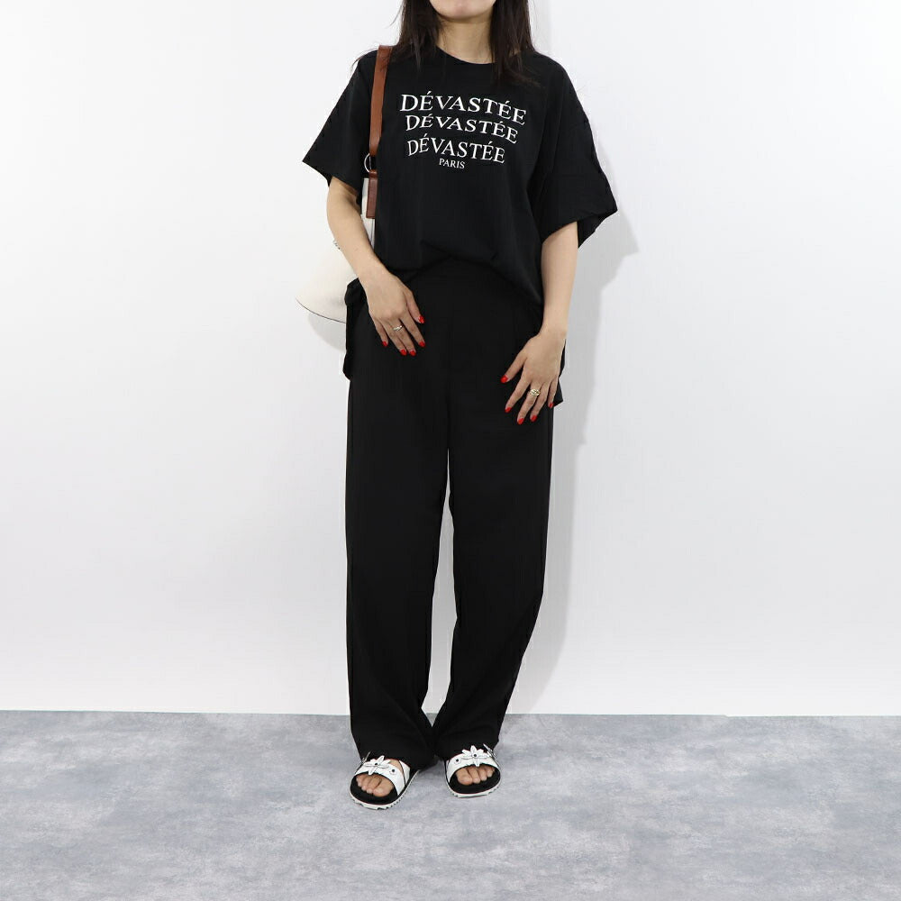 デヴァステ DEVASTEE トップス Tシャツ・カットソー レディース ブラック ホワイト コットン ロゴプリント ヘムトップス アシメトップス シンプル 半袖 R3FWTP017