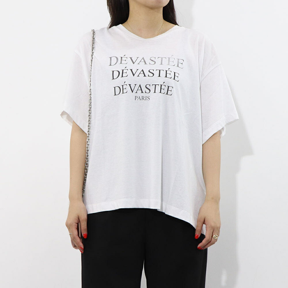 デヴァステ DEVASTEE トップス Tシャツ・カットソー レディース ブラック ホワイト コットン ロゴプリント ヘムトップス アシメトップス シンプル 半袖 R3FWTP017