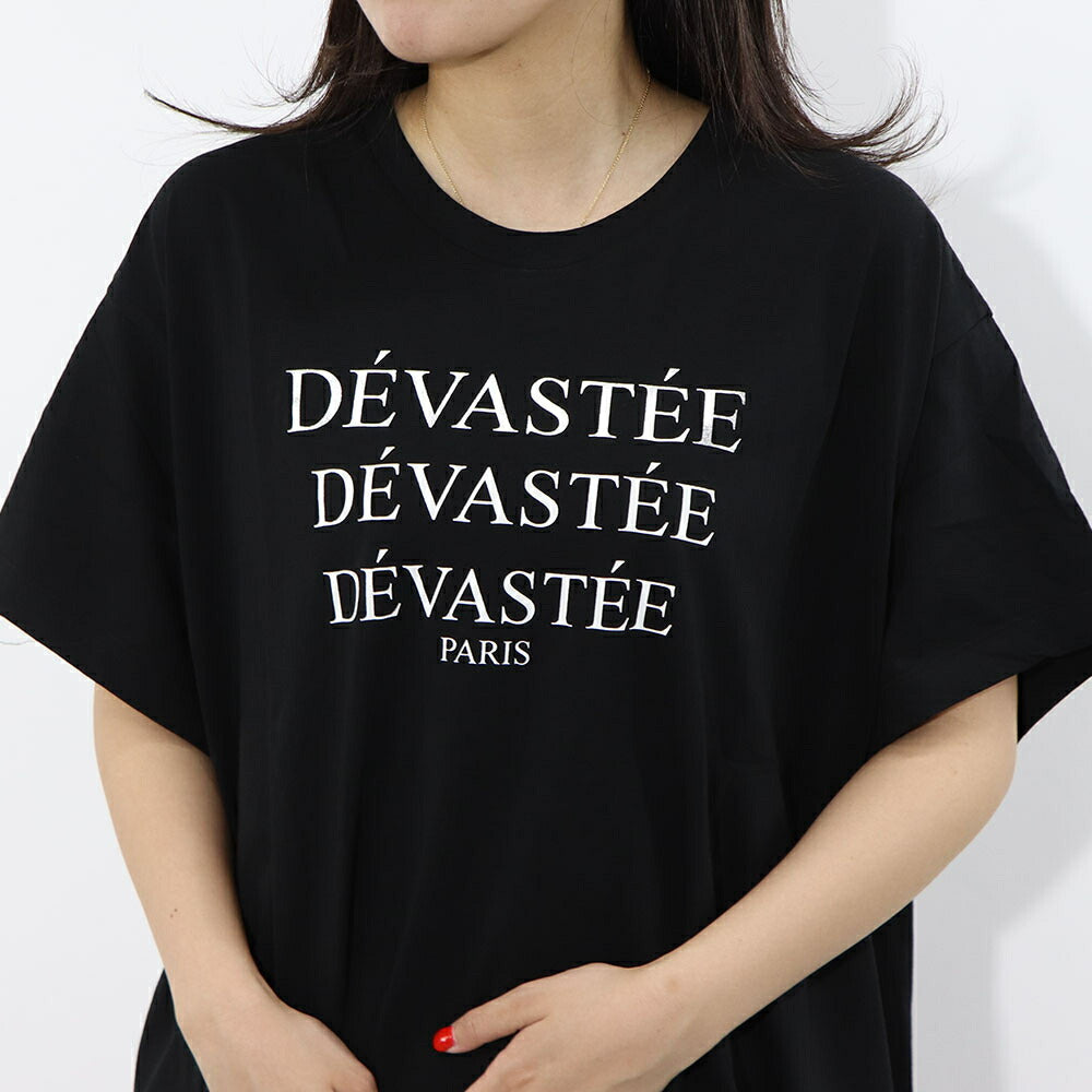 デヴァステ DEVASTEE トップス Tシャツ・カットソー レディース ブラック ホワイト コットン ロゴプリント ヘムトップス アシメトップス シンプル 半袖 R3FWTP017