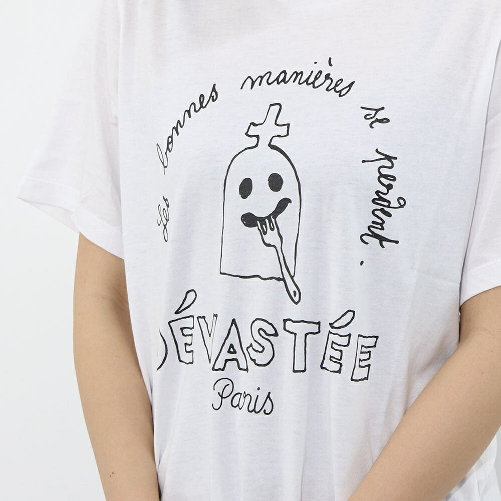 デヴァステ DEVASTEE トップス Tシャツ・カットソー レディース ブラック グレー ホワイト コットン ロゴ プリント キャラクター クルーネック 丸襟 お化けモチーフ 半袖 R3FWTP023