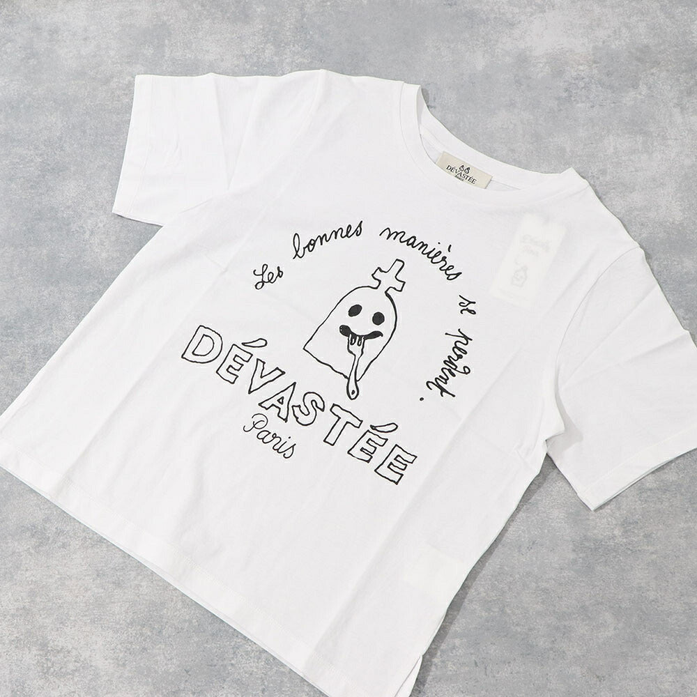 デヴァステ DEVASTEE トップス Tシャツ・カットソー レディース ブラック グレー ホワイト コットン ロゴ プリント キャラクター クルーネック 丸襟 お化けモチーフ 半袖 R3FWTP023