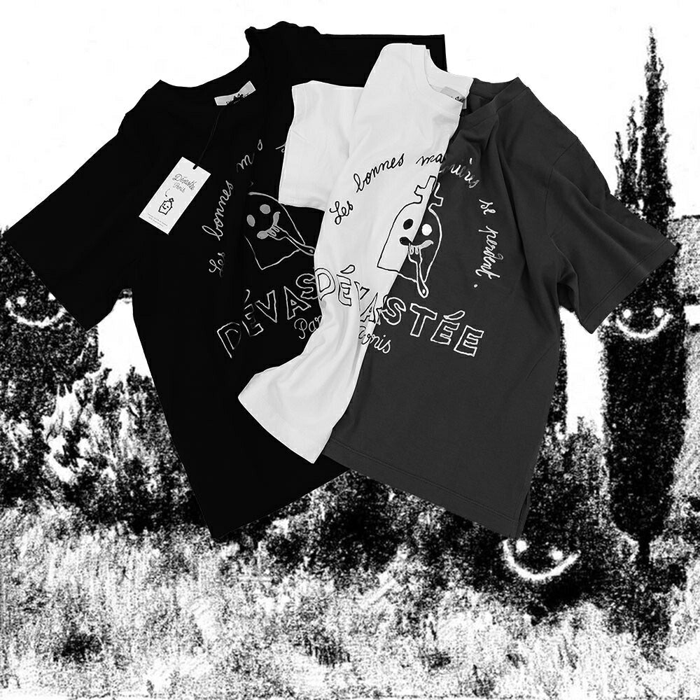 デヴァステ DEVASTEE トップス Tシャツ・カットソー レディース ブラック グレー ホワイト コットン ロゴ プリント キャラクター クルーネック 丸襟 お化けモチーフ 半袖 R3FWTP023