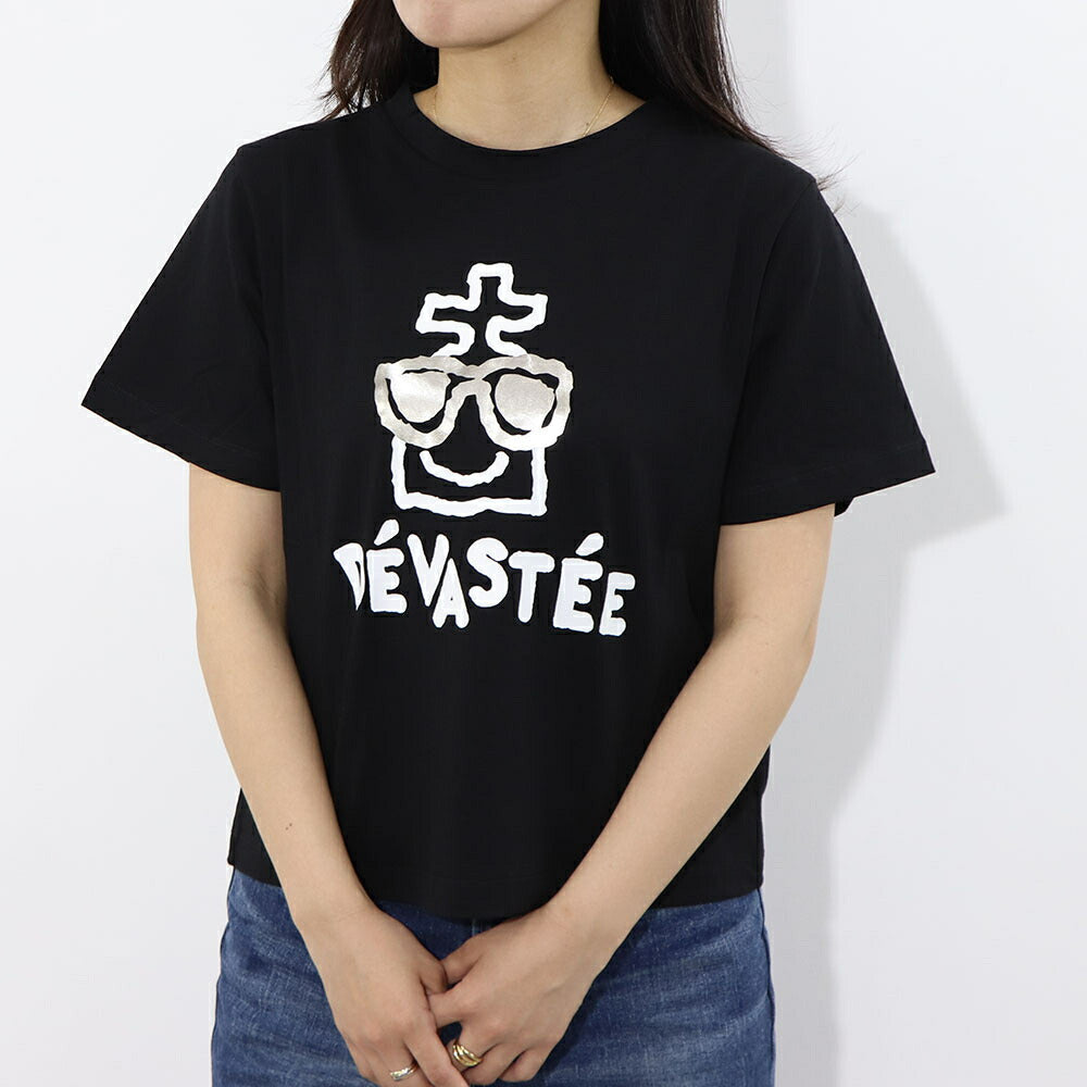 デヴァステ DEVASTEE トップス Tシャツ・カットソー レディース ブラック ホワイト コットン エラスタン ロゴ プリント キャラクター クルーネック 丸襟 半袖 R3SMTP020