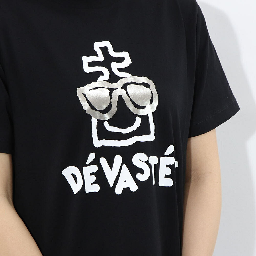 デヴァステ DEVASTEE トップス Tシャツ・カットソー レディース ブラック ホワイト コットン エラスタン ロゴ プリント キャラクター クルーネック 丸襟 半袖 R3SMTP020