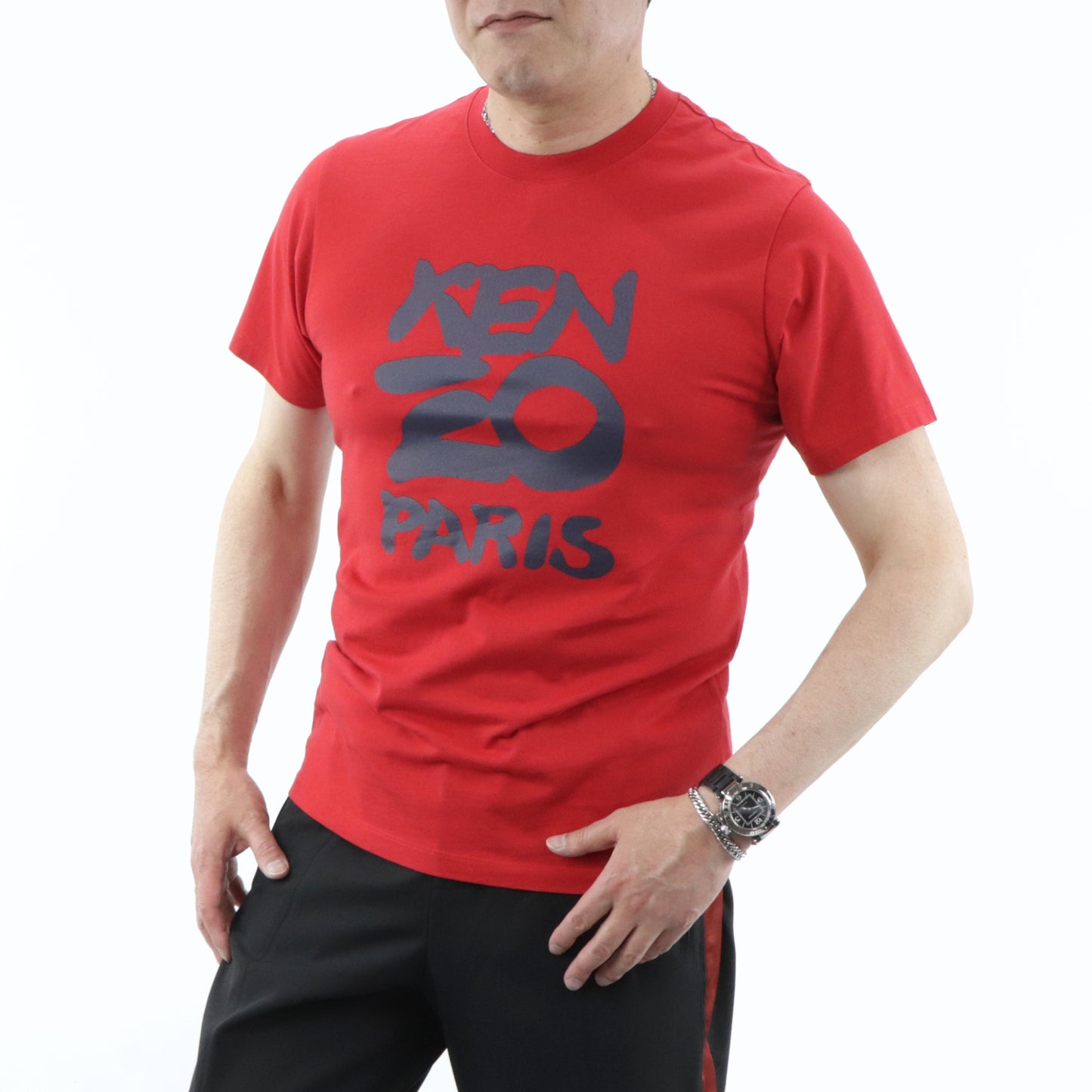 ケンゾー トップス Tシャツ カットソー 半袖 メンズ レッド ホワイト コットン クルーネック ロゴ FA55TS0184SA