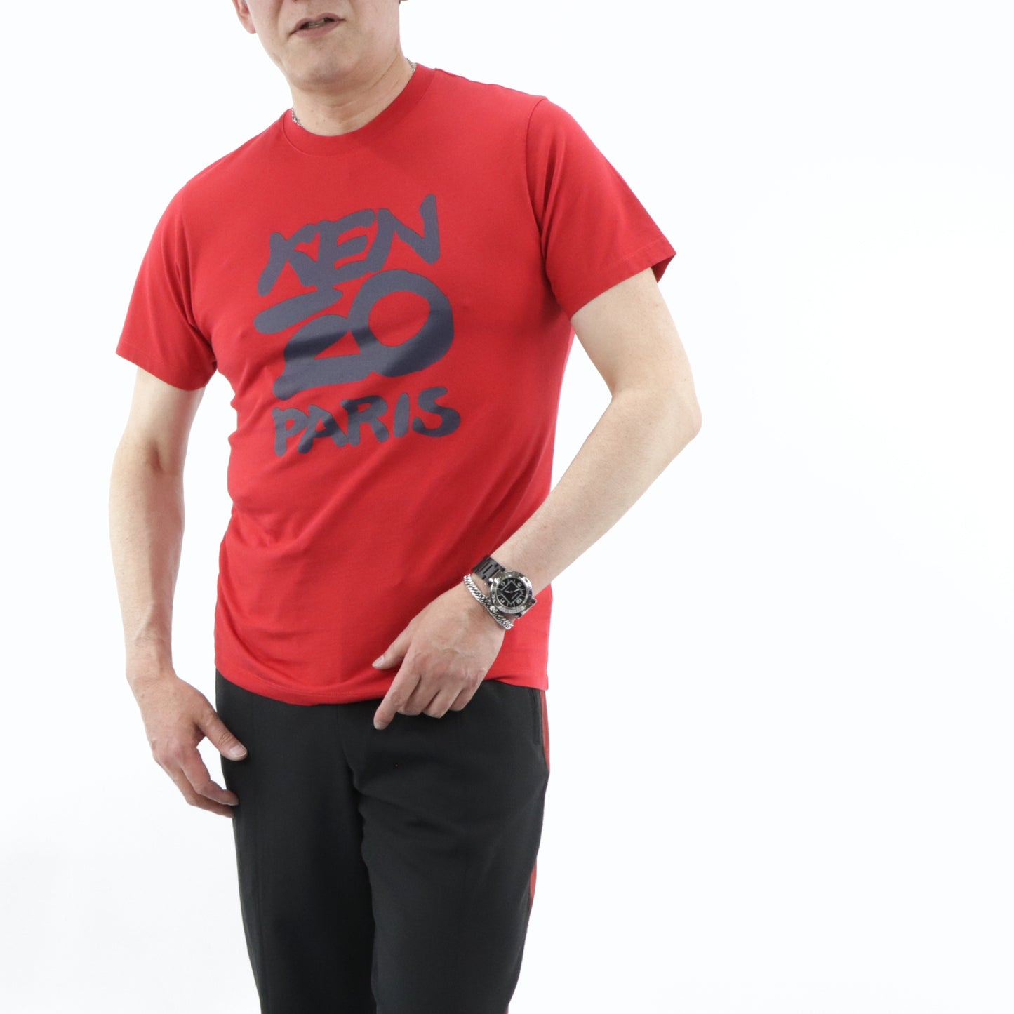 ケンゾー トップス Tシャツ カットソー 半袖 メンズ レッド ホワイト コットン クルーネック ロゴ FA55TS0184SA