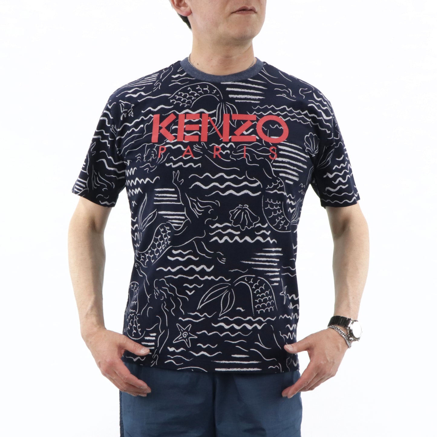ケンゾー トップス Tシャツ カットソー 半袖 メンズ ネイビー 総柄 クルーネック ロゴ FA55TS0434SC 77