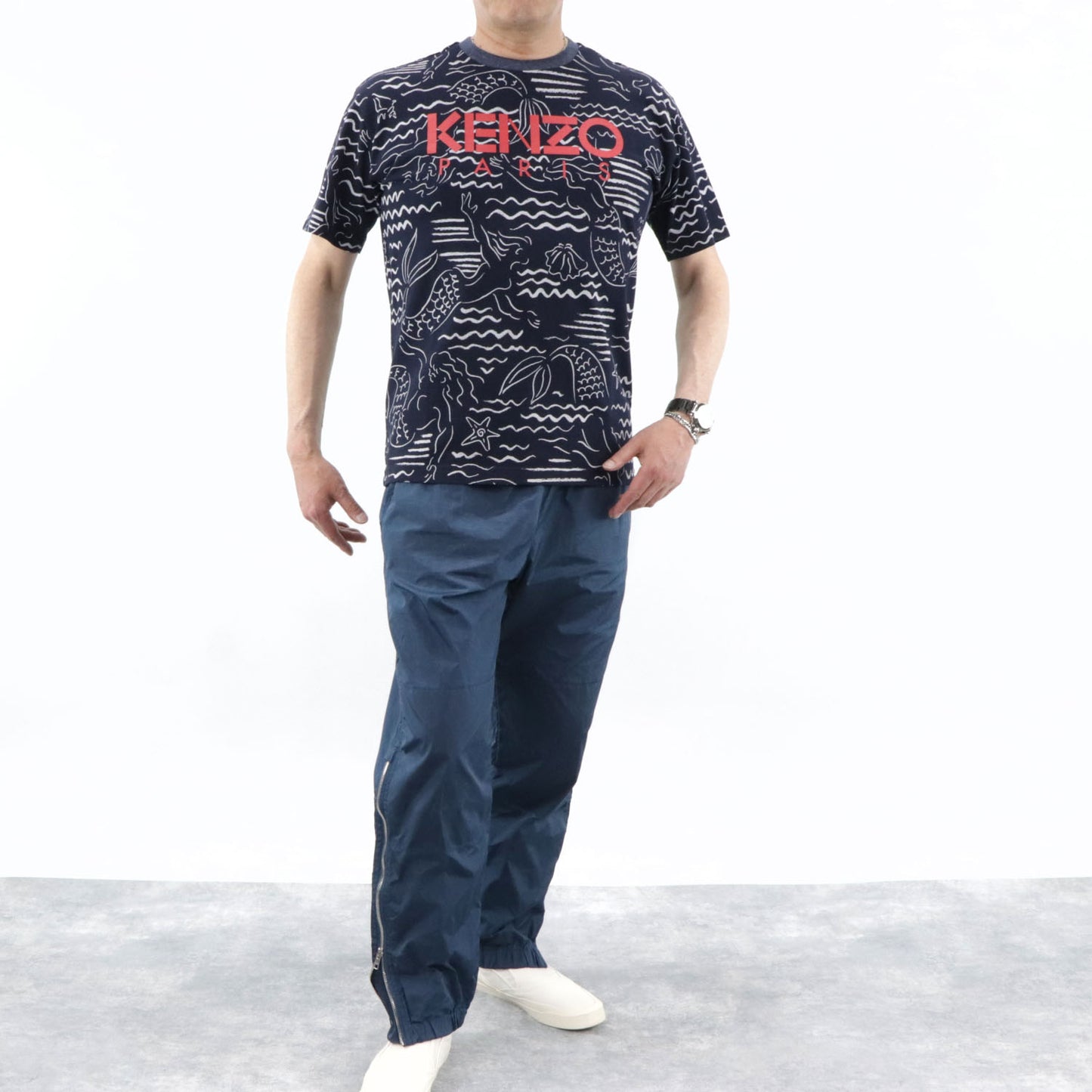 ケンゾー トップス Tシャツ カットソー 半袖 メンズ ネイビー 総柄 クルーネック ロゴ FA55TS0434SC 77