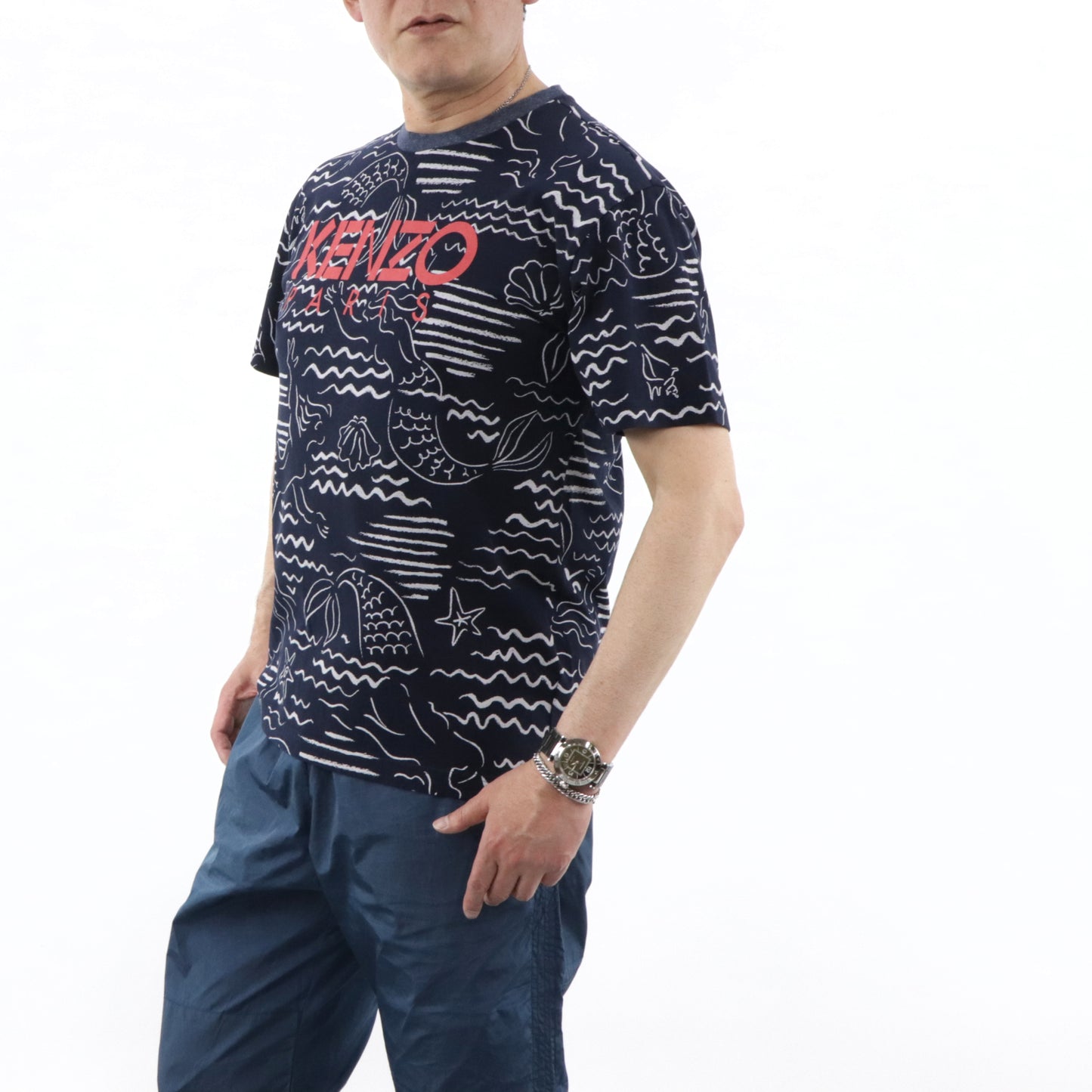ケンゾー トップス Tシャツ カットソー 半袖 メンズ ネイビー 総柄 クルーネック ロゴ FA55TS0434SC 77
