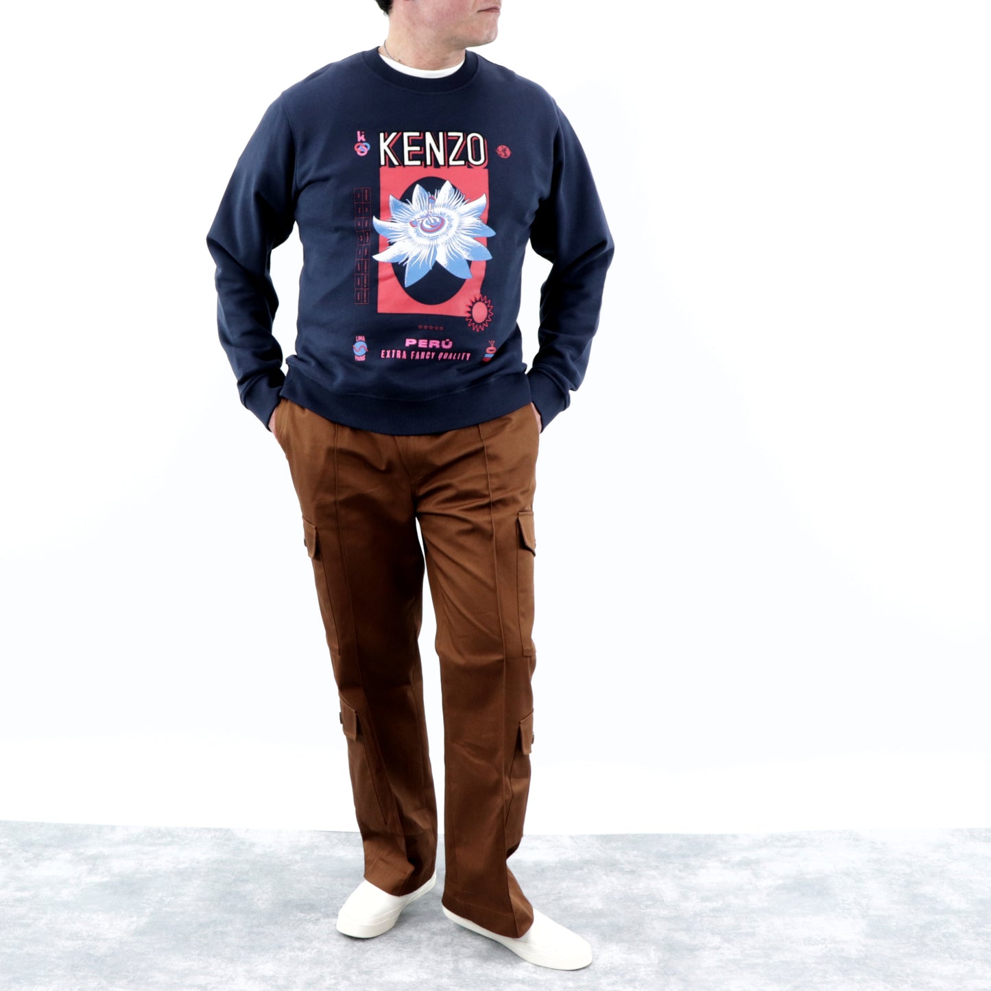ケンゾー スウェット トレーナー メンズ ネイビー 前面プリント 花 刺繍 クルーネック ロゴ F965SW1094ME 78