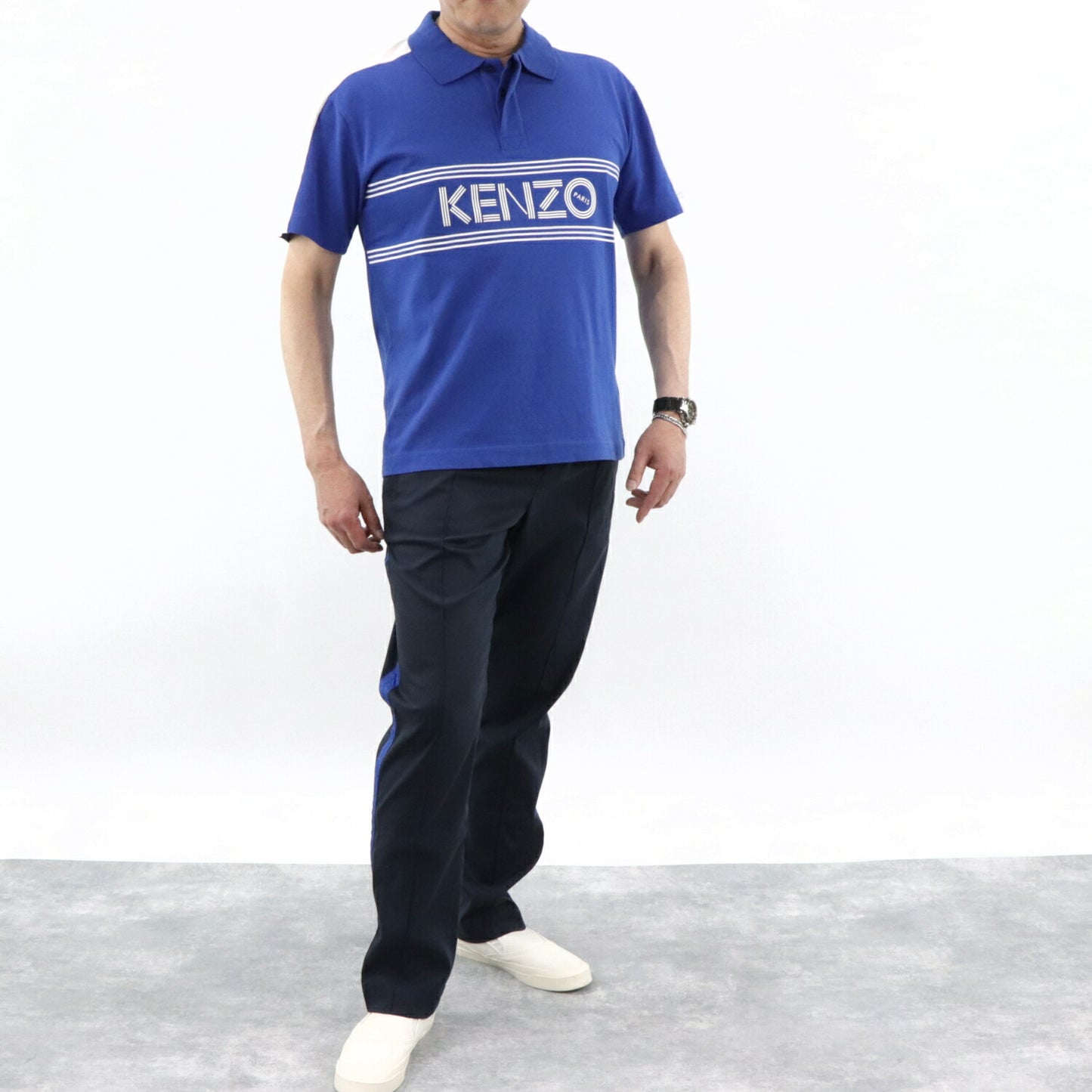 ケンゾー KENZO トップス ポロシャツ メンズ ブルー コットン ロゴ プリント 半袖 ボーダーライン F955PO0384BD 74