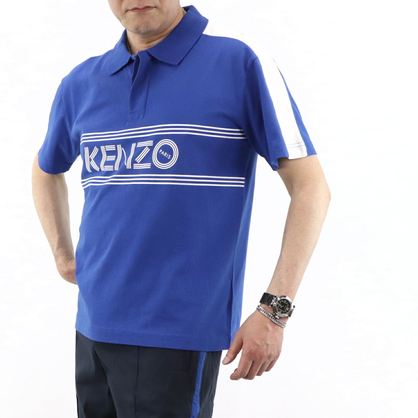 ケンゾー KENZO トップス ポロシャツ メンズ ブルー コットン ロゴ プリント 半袖 ボーダーライン F955PO0384BD 74