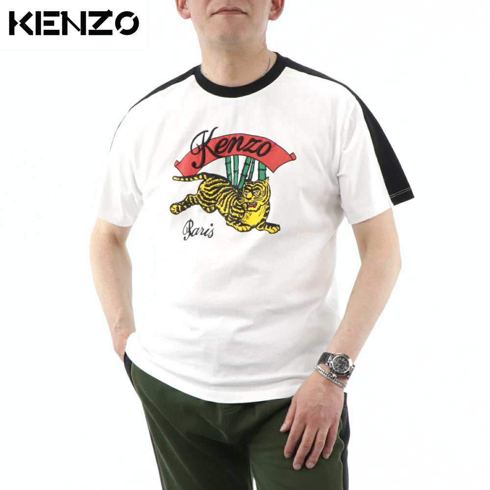 ケンゾー KENZO トップス Tシャツ カットソー メンズ ホワイト ブラック コットン 刺繍 ロゴ プリント バンブータイガー トラ 竹 半袖 F955TS0194CE 01