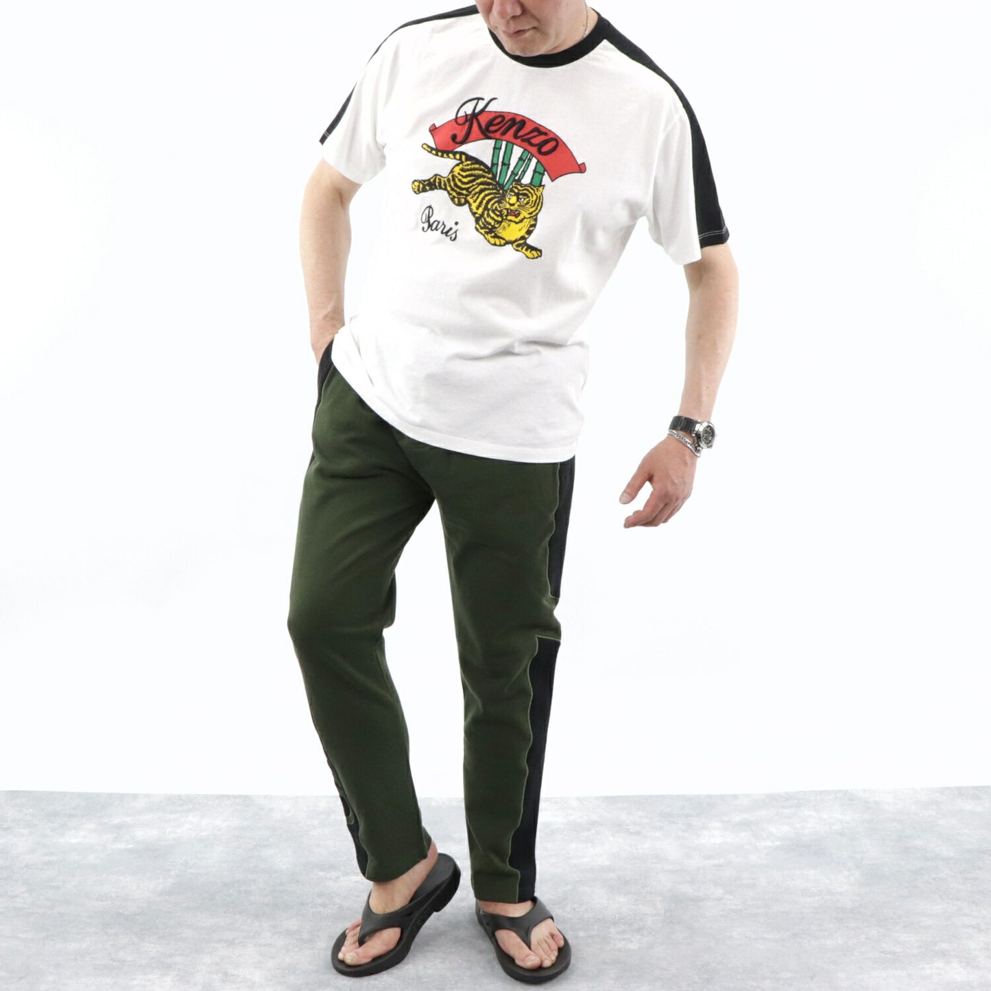 ケンゾー KENZO トップス Tシャツ カットソー メンズ ホワイト ブラック コットン 刺繍 ロゴ プリント バンブータイガー トラ 竹 半袖 F955TS0194CE 01