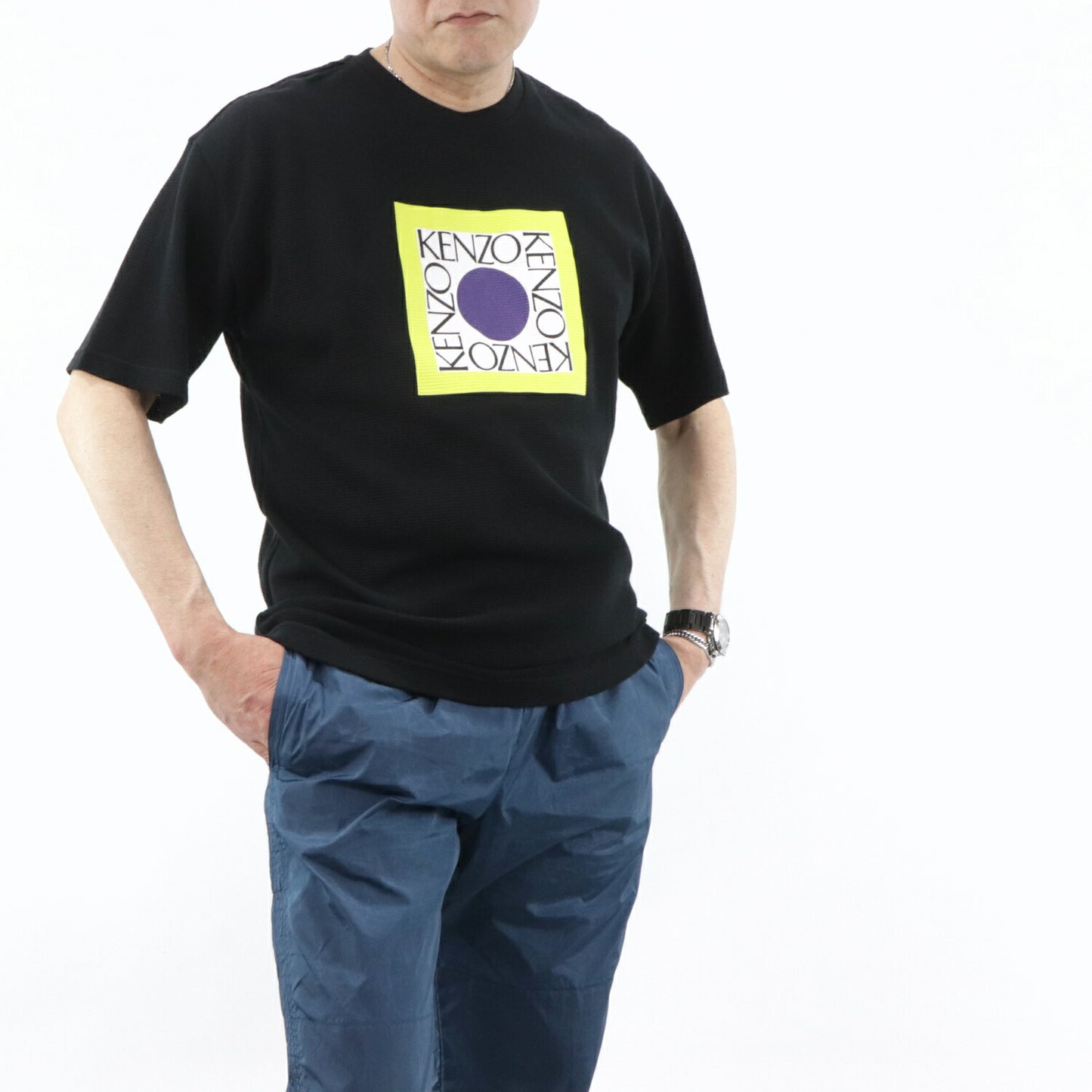 ケンゾー KENZO トップス Tシャツ カットソー メンズ ブラック コットン ロゴ スクエアロゴ プリント メッシュ 半袖 F955TS0434CG 99