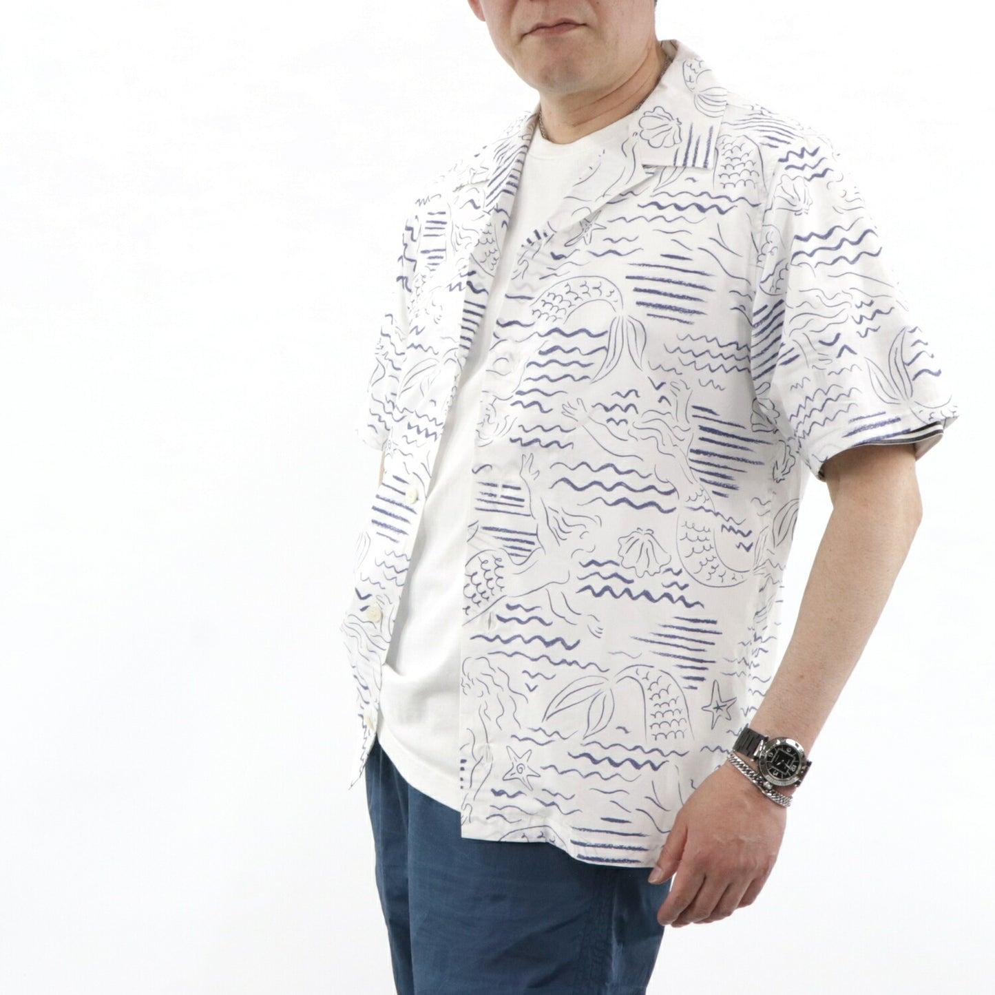ケンゾー KENZO トップス シャツ メンズ ホワイト コットン ブルー マーメイド 人魚 海 半袖 ゆったり FA55CH5291KD 01