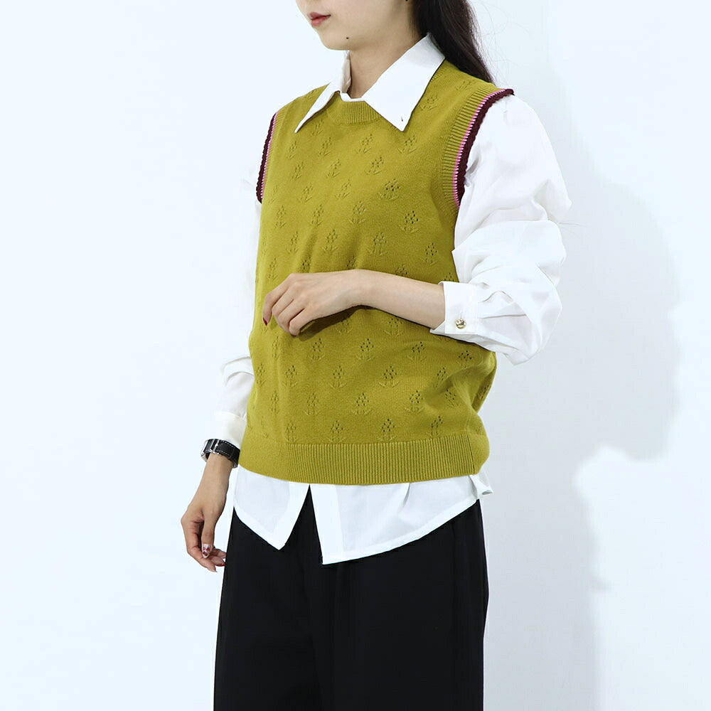 ポール スミス Paul Smith トップス ニット レディース Crew-neck sleeveless knitted top マスタード ウール コットン ノースリープ サマーニット 花柄 透かし編み リブニット W2R-339N-L31111