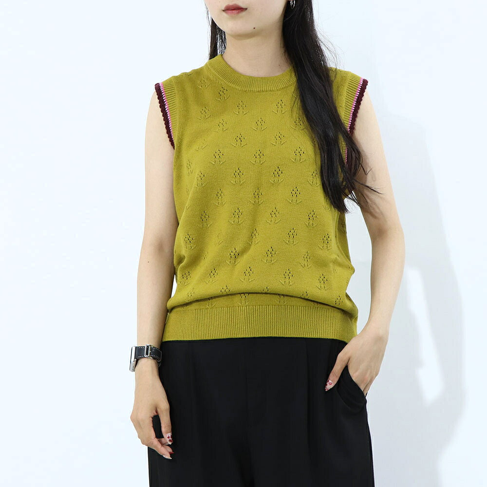 ポール スミス Paul Smith トップス ニット レディース Crew-neck sleeveless knitted top マスタード ウール コットン ノースリープ サマーニット 花柄 透かし編み リブニット W2R-339N-L31111