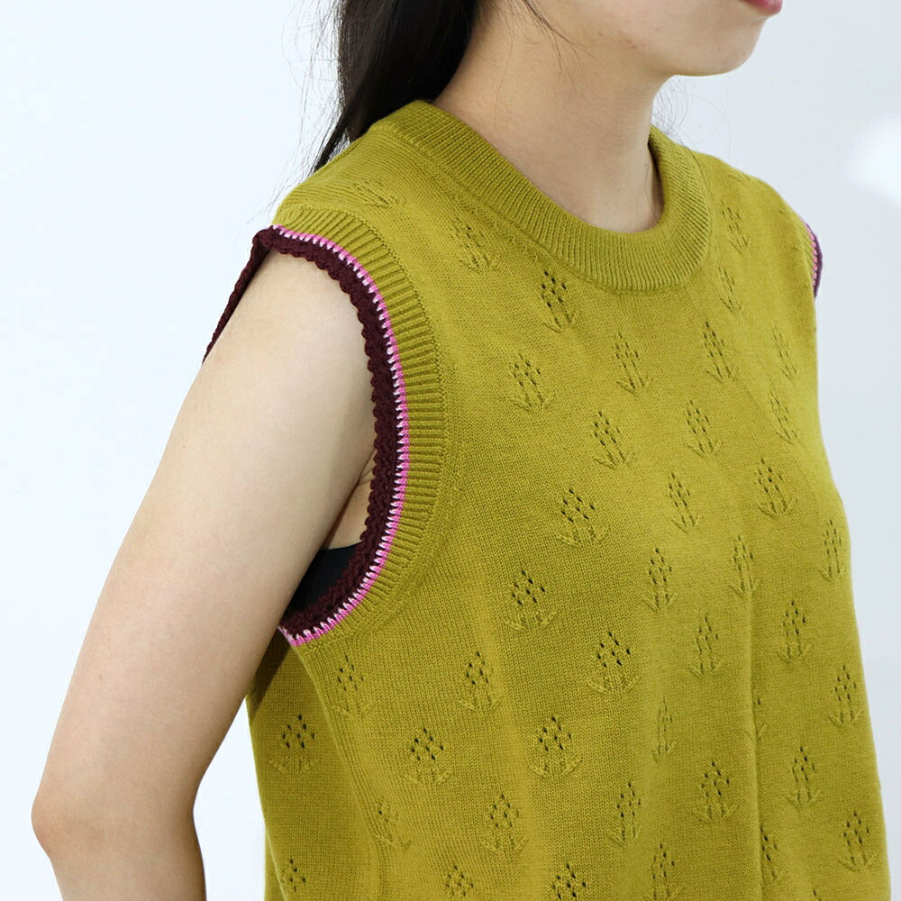 ポール スミス Paul Smith トップス ニット レディース Crew-neck sleeveless knitted top マスタード ウール コットン ノースリープ サマーニット 花柄 透かし編み リブニット W2R-339N-L31111