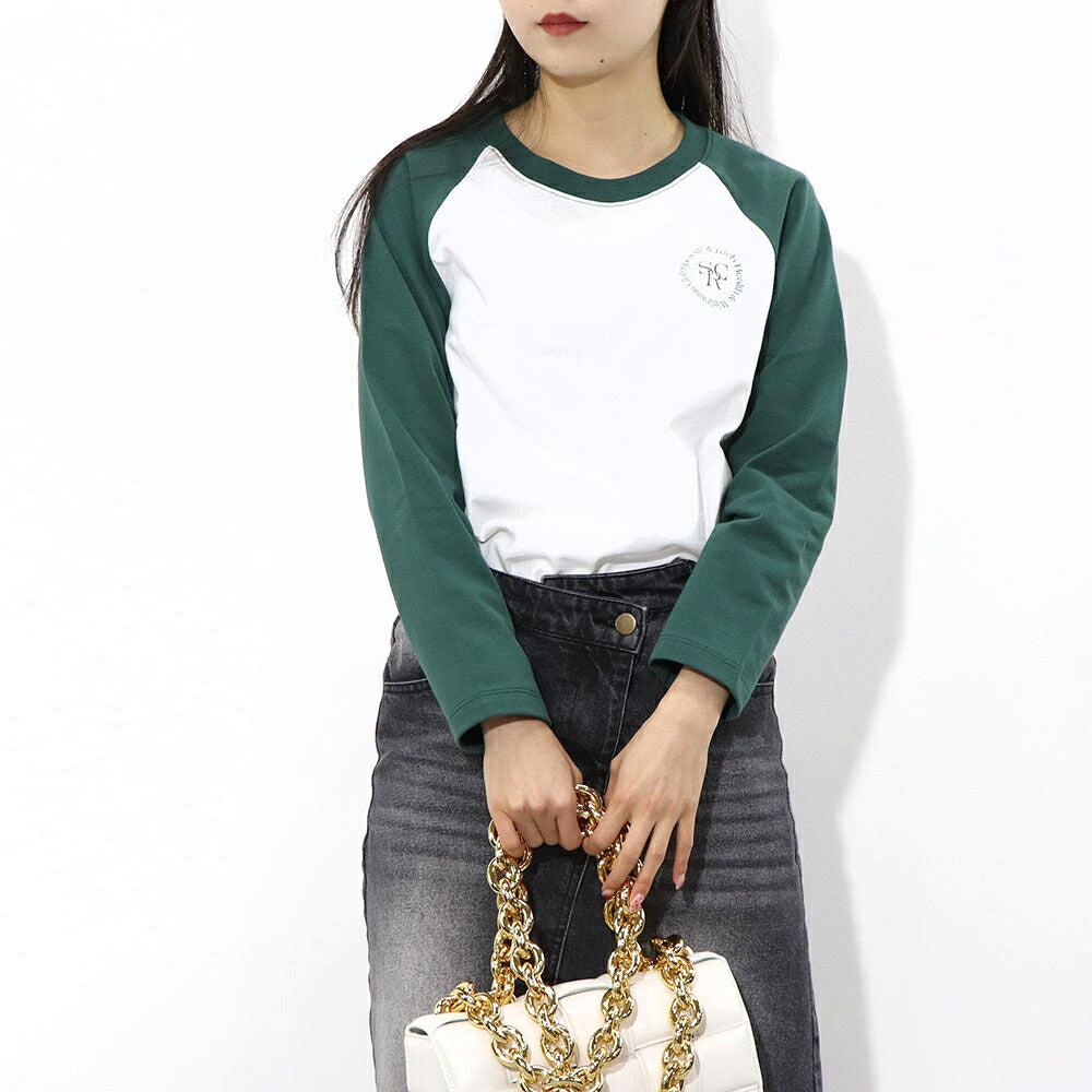 スポーティー&リッチ Sporty&Rich トップス Tシャツ・カットソー レディース SRHWC Baseball Tee ホワイト×グリーン コットン ツートンカラー ロゴ ロゴプリント ラグラン 長袖 BTAW231WH