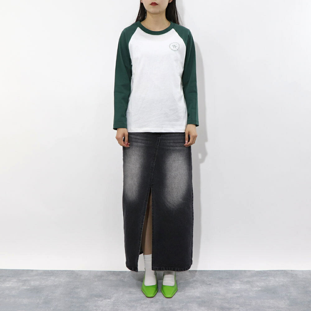 スポーティー&リッチ Sporty&Rich トップス Tシャツ・カットソー レディース SRHWC Baseball Tee ホワイト×グリーン コットン ツートンカラー ロゴ ロゴプリント ラグラン 長袖 BTAW231WH