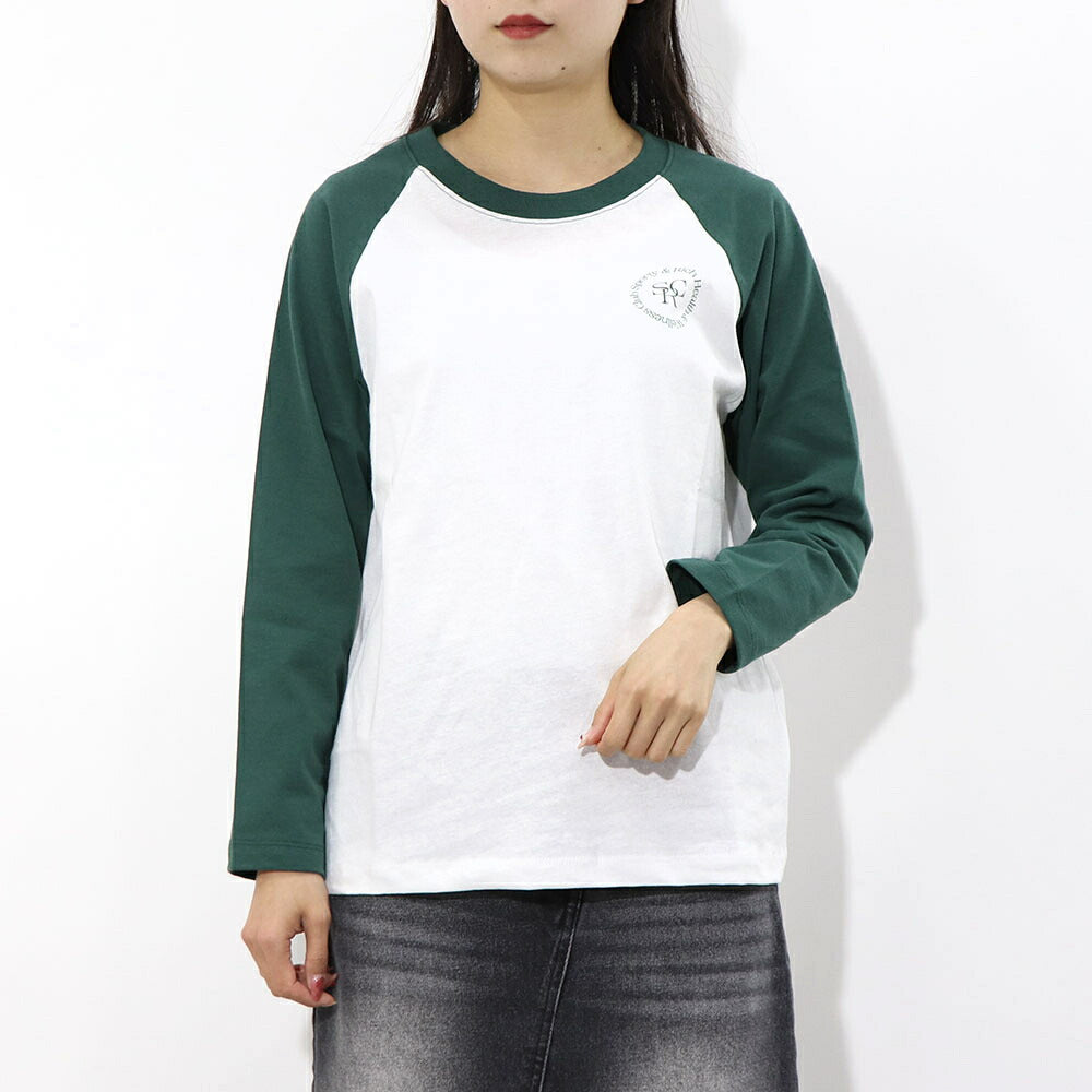 スポーティー&リッチ Sporty&Rich トップス Tシャツ・カットソー レディース SRHWC Baseball Tee ホワイト×グリーン コットン ツートンカラー ロゴ ロゴプリント ラグラン 長袖 BTAW231WH