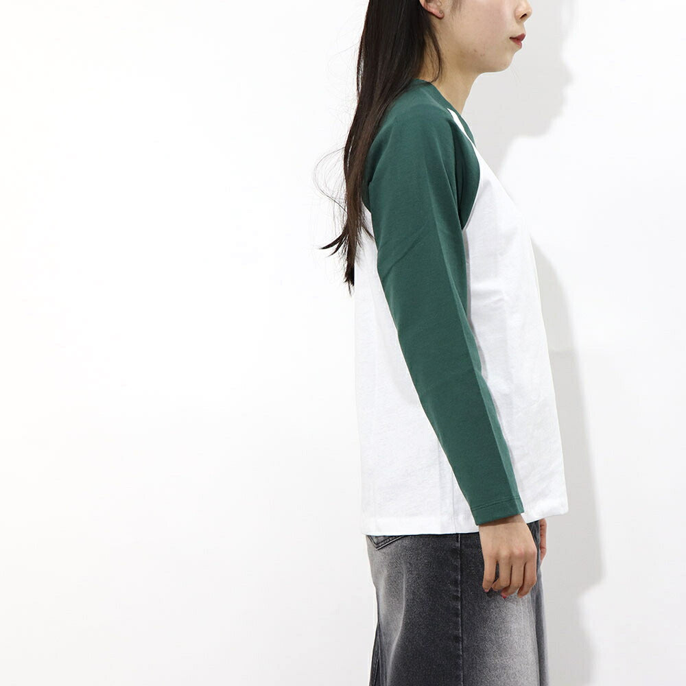 スポーティー&リッチ Sporty&Rich トップス Tシャツ・カットソー レディース SRHWC Baseball Tee ホワイト×グリーン コットン ツートンカラー ロゴ ロゴプリント ラグラン 長袖 BTAW231WH