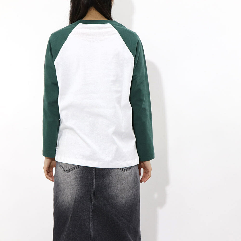 スポーティー&リッチ Sporty&Rich トップス Tシャツ・カットソー レディース SRHWC Baseball Tee ホワイト×グリーン コットン ツートンカラー ロゴ ロゴプリント ラグラン 長袖 BTAW231WH