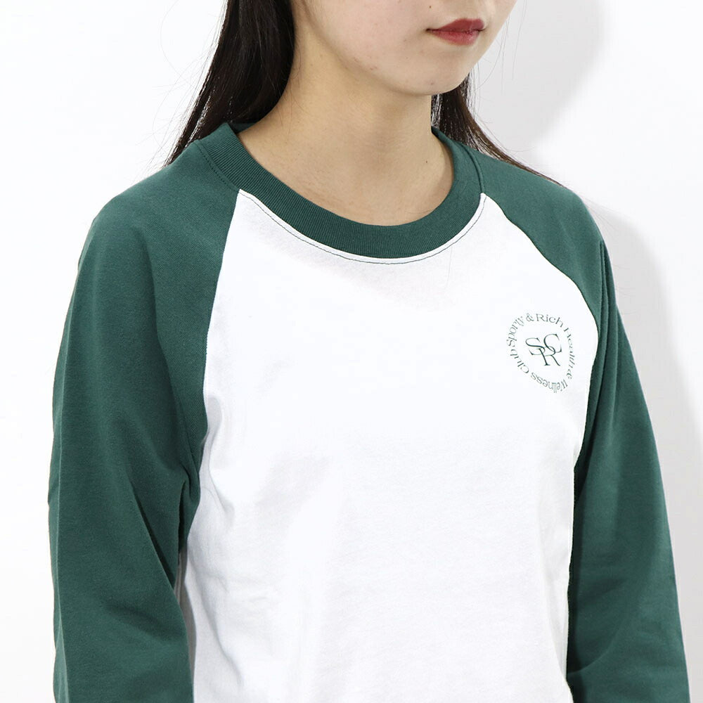 スポーティー&リッチ Sporty&Rich トップス Tシャツ・カットソー レディース SRHWC Baseball Tee ホワイト×グリーン コットン ツートンカラー ロゴ ロゴプリント ラグラン 長袖 BTAW231WH