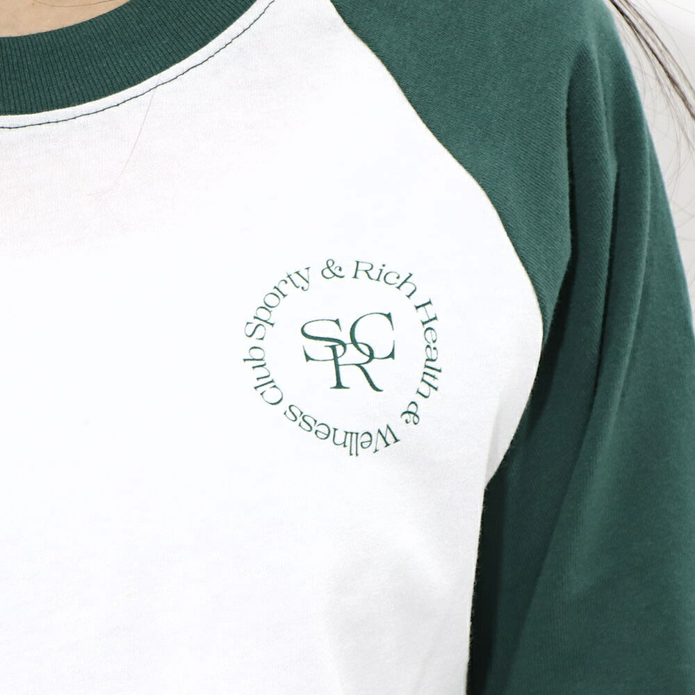 スポーティー&リッチ Sporty&Rich トップス Tシャツ・カットソー レディース SRHWC Baseball Tee ホワイト×グリーン コットン ツートンカラー ロゴ ロゴプリント ラグラン 長袖 BTAW231WH