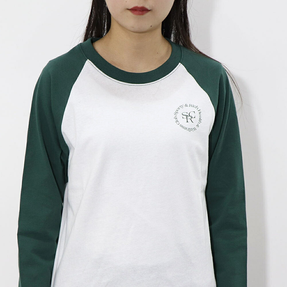 スポーティー&リッチ Sporty&Rich トップス Tシャツ・カットソー レディース SRHWC Baseball Tee ホワイト×グリーン コットン ツートンカラー ロゴ ロゴプリント ラグラン 長袖 BTAW231WH