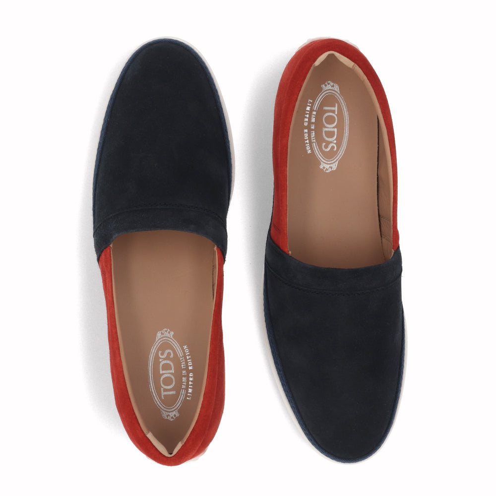 トッズ TOD'S シューズ レザーシューズ メンズ ネイビー×レッド スエード ロゴ スリッポンシューズ バイカラー