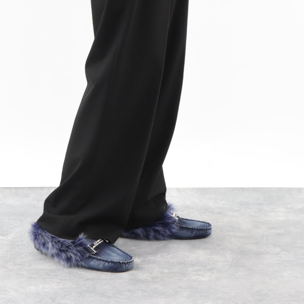 トッズ シューズ パンプス レディース ネイビー ダブルT ドライビングシューズ モカシン ファーシューズ デニム ヒールなし ムートン XXW00G0X880IUB0ZYS