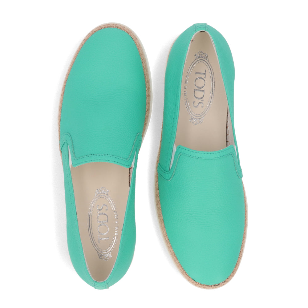 トッズ レディース エスパドリーユ GOMMA RAFIA TV PANTOFOLA PELLE 5JI MENTA エメラルドグリーン レザー フラットシューズ XXW0TV0J97Z5J1V414