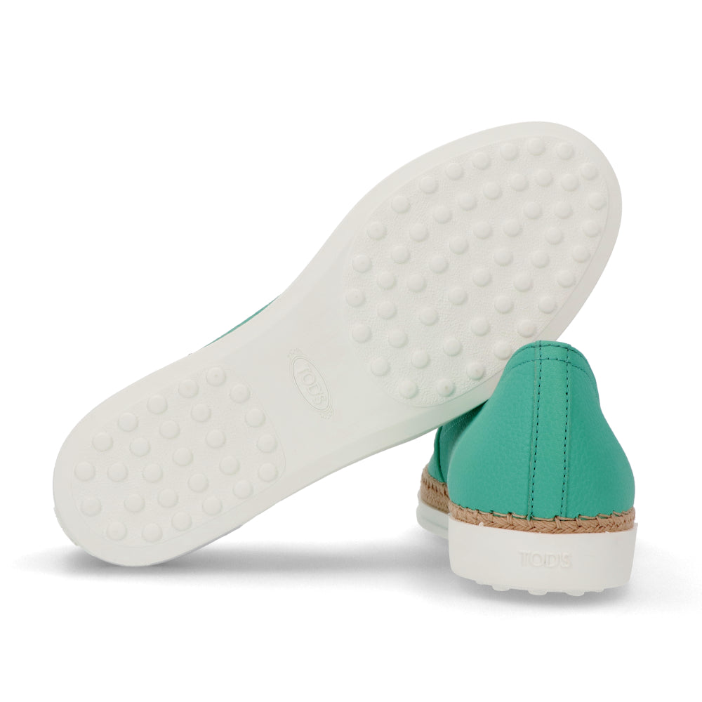 トッズ レディース エスパドリーユ GOMMA RAFIA TV PANTOFOLA PELLE 5JI MENTA エメラルドグリーン レザー フラットシューズ XXW0TV0J97Z5J1V414