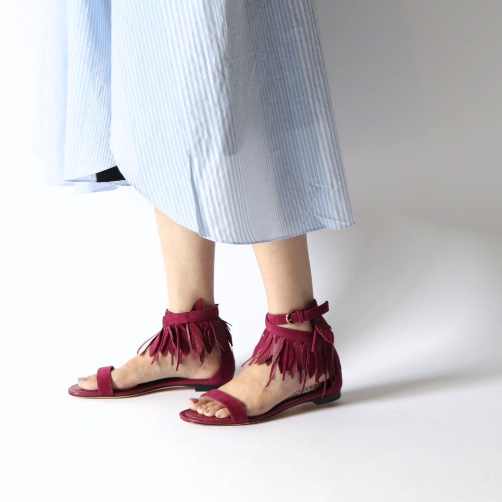 トッズ サンダル レディース CUOIO LEGG.37B SAND NAP. PIUME PEL.HRO レッド パープル スエード フリンジ フラット XXW37B0AR60HR0 R819