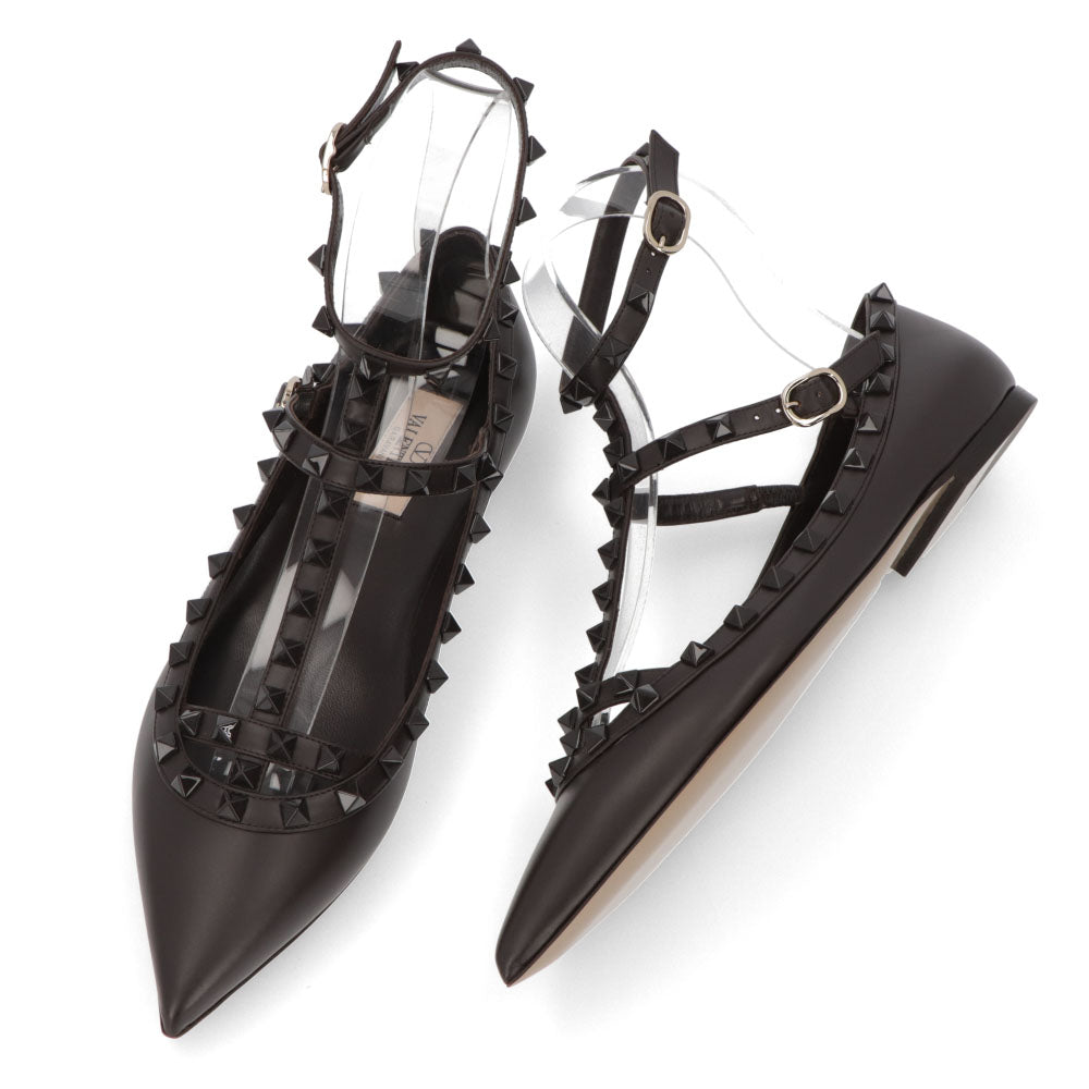 ヴァレンティノ VALENTINO シューズ パンプス レディース ダークブラウン レザー フラットシューズ ロックスタッズ ポインテッドトゥ ヒールなし 2W0S0376VB8